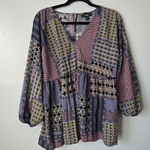 Ellos Patchwork Print Babydoll Tunic Top V-Neck Long Sleeve Boho Blouse Size 16